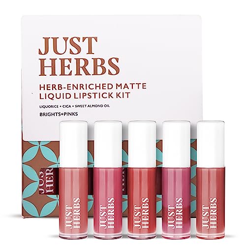 Just Herbs Ayurvedic Liquid Matte Lipstick Kit Set Of 5 With Long Lasting, Hydrating & Lightweight Lip Colour, Brights & Pinks – Paraben & Silicon Free – 5 Ml