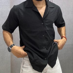 Hemalifs Men Self Design Casual Black Shirt