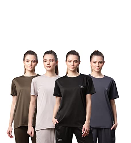 Vimal Jonney Women Regular Fit Cotton Blended Round Neck Tshirts(Multicolor_Large_Pack Of 4)-Dryfit_T_Blk_Gry_L.Gry_Olv_004-L