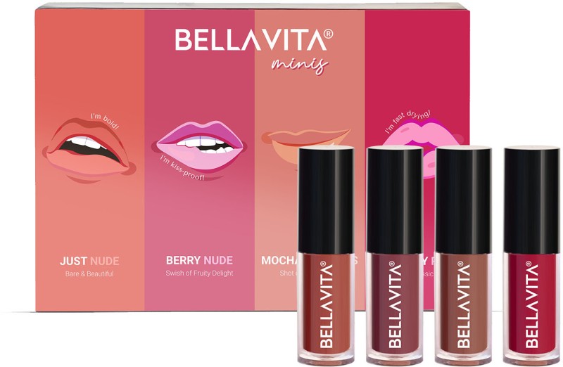 Bellavita Mini Kiss Proof Liquid Lipstick Gift Box|4X2Ml| Smudge-Proof & Long Lasting|(Just Nude, Berry Nude, Mocha Madness, Cherry Pop, 8 Ml)