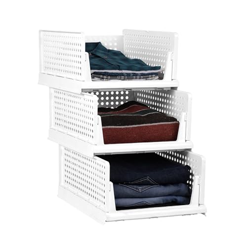 Story@Home Shirt Stacker 3-Piece Foldable Shirt Storage Organizer | Large Plastic Cloth Stacker For Wardrobes | Stackable Closet Organizer, White | Space-Saving Solution