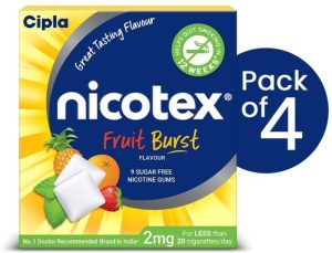 Cipla Nicotex Nicotine Sugar Free Fruit Burst Gums 2Mg | Helps To Quit Smoking | Who – Approved Therapy | 9 Gums Each Pack | Smoking Cessations(Pack Of 4)