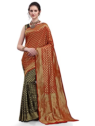 Ethnicjunction Women’S Kanchipuram Silk Half And Half Woven Saree With Blouse Piece (Ej6004-Kanjeevaram-Black Red_Black & Red)