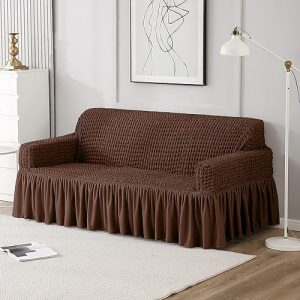 Cortina Elastic Stretchable Universal Sofa Cover With Skirt, Three Seater (180-260 Centimeters), Brown