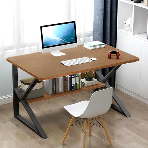 Lukzer Modern Engineered Wood Computer Desk with Built-in Bookshelf, Space-Saving Design, Oak Brown Top & Black Frame, 100x50x78cm (MST-001)