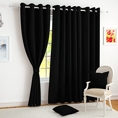 Story@Home Blackout Door Curtains 7 Feet Long Set Of 2, Faux Silk, Thermal Insulated, Plain Design Blackout Curtains For Living Room, 116 X 215 Cm, Black, 100% Opacity, Perfect For Festive Gifting