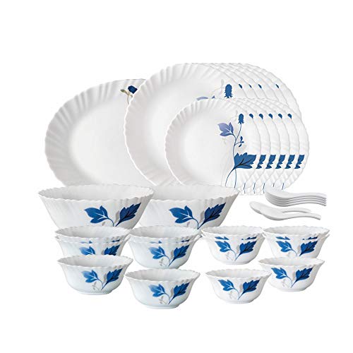 Larah By Borosil Fluted Series Ageria Opalware Dinner Set | 33 Piece For Family Of 6 | Microwave & Dishwasher Safe | Bone-Ash Free | Crockery Set For Dining & Gifting | Plates & Bowls | White