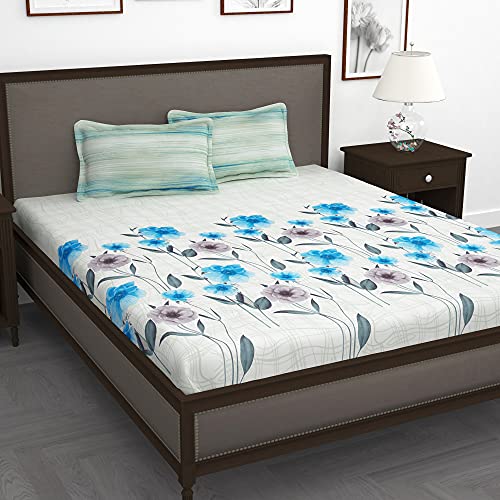 Story@Home Bedsheet For King Size Bed | 240Tc | White & Blue | Floral | 1 Piece Cotton Bedsheet For King Size Bed With 2 Pillow Covers (270 X270Cm) Perfect For Home Decor & Gifting | Cotton Bedsheet