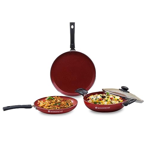 Wonderchef Valencia Non-Stick Cookware 4 Piece Set | Kadhai With Lid 24 Cm, Fry Pan 24 Cm, Dosa Tawa 28 Cm | Cool Touch Bakelite Handles | Pure Grade Aluminium| Pfoa Free| 2 Years Warranty | Red