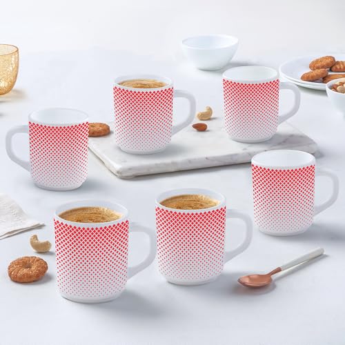 Larah By Borosil Ruby Pixel Opalware Mug, Set Of 6 Tea/Coffee Mugs, 240 Ml Each, Microwave & Dishwasher Safe, Bone-Ash Free, Crockery Set Ideal For Daily Use & Gifting, White