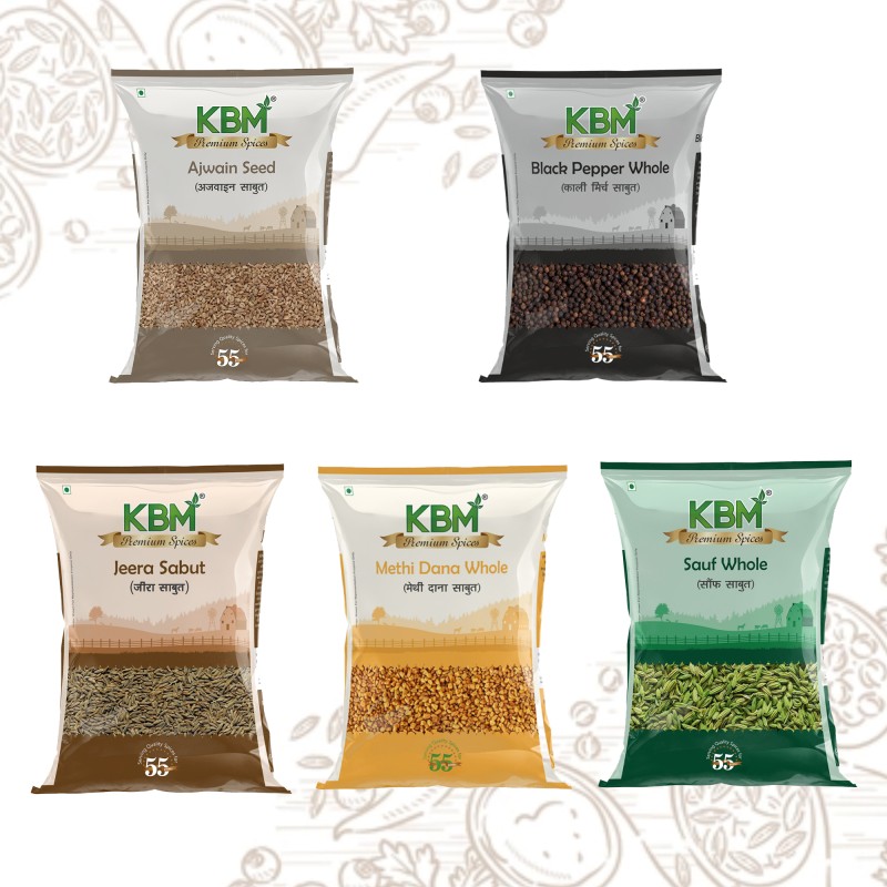 Kbm Premium Organic Gluten Free Whole Ajwain,Jeera,Methi Dana&Kasoori Methi,Khada Masala(5 X 100 G)