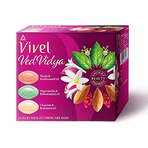 Vivel Vedvidya Luxury Pack Of 3 Skincare Soaps, 300G (100G – Pack Of 3), For Soft, Even-Toned, Clear, Radiant And Glowing Skin, Suitable For All Skin Types, Soap For Women & Men, For All Skin Types