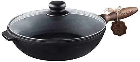 Texas Element Maysternya T306C3 Solid Cast Iron Frying Pan 28 * 6 Cm With Wooden Handle & Glass Cover