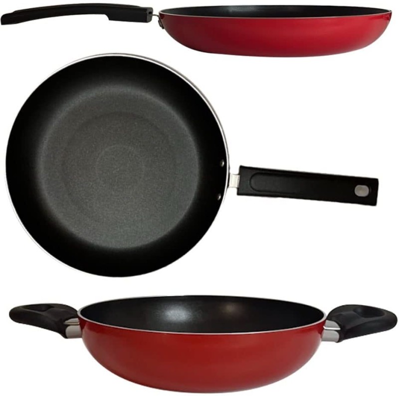 Usha Shriram (3Pcs) Non Stick Set (Tawa, Fry Pan, Kadhai, 1 Lid) Minimum Oil Usage Gas & Induction Bottom Non-Stick Coated Cookware Set(Aluminium, 3 – Piece)