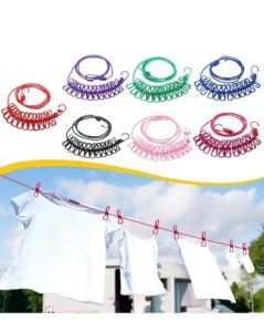 Aadya Alley Mala Eka Cloth Drying Rope With Hooks – Elastic Hanging Rope For Travel, Home, And Outdoor Drying – Includes 12 Clips-Kapde Sukhane Ki Rassi Wire – Pack Of 1- Multicolour (1)