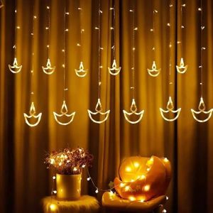 Desidiya Warm White Diya/Diwali Light Curtain, Led String Copper Lights With Pack Of 12 Hanging Diyas, 8 Flashing Modes, Decoration, Prong Base, 2.5 Meters