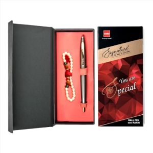 Cello Signature Pen Gift Set | Blue Ink | Pack Of 1 Rudraksha Pearl Bracelet & 1 Ball Pen | Gun Metal Finish | Premium Metal Pens For Office Use | Corporate Gifting | Stylish Gifts For Bhai Dooj