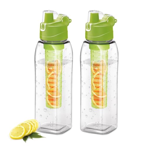 Milton Infuser Pet Water Bottle, 1 Litre Each, Set Of 2, Green, Food Grade, Reusable, Bpa Free, Recyclable, Leak Proof, Detox, Fruit Infuser