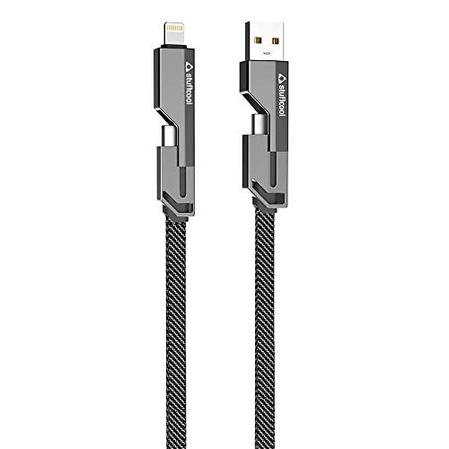 Stuffcool Quad Pro 4 In 1 Metal Flat Braided Indestructible Cable 1.5M 60W With Lightning To Type C, Type C To C, Lighting To Type A Compatible For Iphones, Ipads, Macbooks, Type C Laptops (Grey)