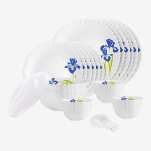 Cello Pack Of 34 Opalware Dazzle Blue Iris|Crockery Blue Dinner Set(Blue, White, Microwave Safe)