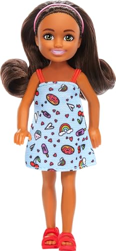 Barbie Chelsea Doll, Small Doll Wearing Removable Blue Dress with Colorful Print & Pink Shoes, Brown Hair & Green Eyes