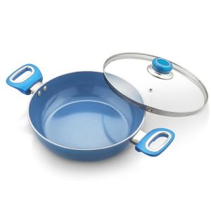 Amazon Brand – Solimo Blue Ceramic Non Stick Induction Base Deep Kadai 24Cm With Glass Lid