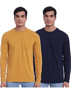 Amazon Brand – Symbol Men’S Solid Regular T-Shirt (Pack Of 2) (Ss19Mntee04-7_Iris Navy&Amber Gold M)