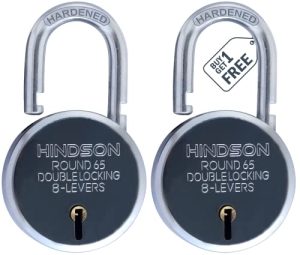 Hindson India Round 65Mm Padlock – Heavy Duty Metal Body Lock With Double Locking Mechanism, 8 Steel Levers, 3 Silver Keys | Ideal For Door Lock, Gate Lock, Shutter Lock | Pack Of 2