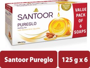 Santoor By Wipro Pureglo Glycerine Bathing Bar Soap With Almond Oil For Nourished & Glowing Skin(6 X 125 G)