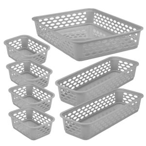 Ratan Plasticware Diana Tray Baskets Pack Of 7 (Small X 4/ Large X 1/ Narrow X 2) – (Grey) | Desk Basket/Organizers For Stationery, Jwellery, Tools, Cabinet Organizer For Bedroom Or Washroom, Kitchen