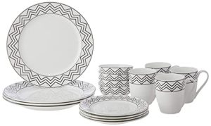 Amazon Brand – Solimo Ceramic Checkered 16 Piece Dinner Set | 4 Dinner Plates, 4 Quarter Plates, 4 Mugs & 4 Small Bowls | Zig Zag (White)