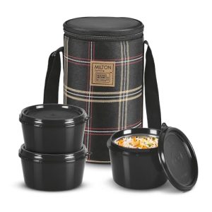 Milton Lofty Lunch Box With Insulated Fabric Bag, Microwave Safe & Leak Proof, 3 Inner Steel Containers With Bpa Free Lids (1 X 320 Ml, 2 X 450 Ml Each) For Office, School, College – Black