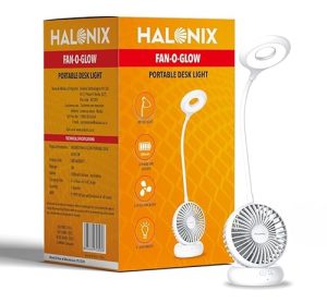 Halonix Fan-O-Glow Portable Desk Light | Study Lamp With Fan | 3 Light Modes | 3 Speed Fan Modes | Rechargeable Study Lamp | Emergency Light |