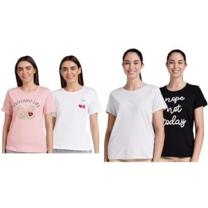 Eden & Ivy Women’S Solid T-Shirts (Pack Of 2): Pink & White (Eniss22Wte501, Size S) & Grey & Black (Eniss22Wte501, Size S)