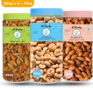 41 Foods Dry Fruits Combo Pack Of Cashews Almonds Raisins | Kismis Kaju Badam 750 Gm Almonds, Cashews, Raisins(3 X 250 G)