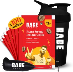 Rage Extra Strong Premium Blend Coffee Pack Of 100+Multipurpose Shaker 450 Ml+Frother Instant Coffee(100 X 1.5 G, Assorted Flavoured)