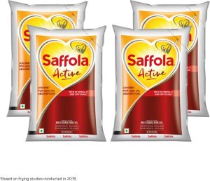 Saffola Active, Rich In Omega 3 & Oryzanol, Multi-Source Edible Rice Bran & Soyabean Blended Oil Pouch(4 X 1 L)