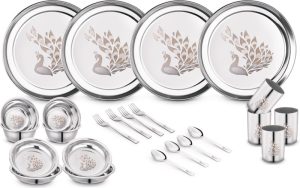 Classic Essentials Pack Of 24 Stainless Steel Peacock Lazer Design Stainless Steel Heavy Gauge Dinner Set Shagun|Bartan Set Dinner Set(Steel)