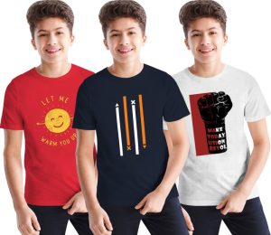 Blive Boys Printed Cotton Blend Regular T Shirt(Multicolor, Pack Of 3)