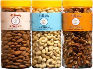 41 Foods Dry Fruits Combo Pack Of Kaju Badam Akhrot 450 Gm Cashews, Almonds, Walnuts(3 X 150 G)