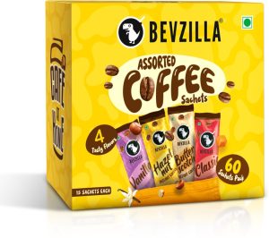 Bevzilla Instant Coffee Powder – 60 Sachets Box, Makes Premium Cups, 15 Sachet Each Instant Coffee(60 X 2 G, Assorted Flavoured)