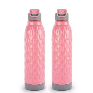 Cello Puro Wave 900 Water Bottle | Easy Carry Wrist Belt | Covered Drinking Spout | Refrigerator Safe| Plastic Bottle | Set Of 2 | 690Ml, Pink