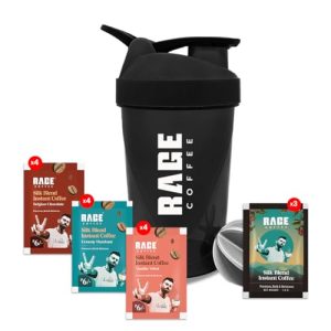 Rage Coffee – Silk Blend Assorted Sachets, Pack Of 15 (3 Classic, 4 Creamy Hazelnut, 4 Vanilla Velvet & 4 Belgian Chocolate) |+ Free Multi-Purpose Shaker | Perfect For Gym, Protein Shakes & Coffee