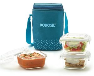 Borosil Teal Lunch Box With Bag, 3 Pc (320 Ml X 3 Square), Glass Office Tiifin 3 Containers Lunch Box(960 Ml)