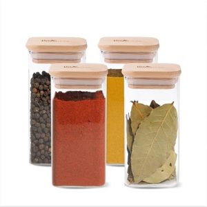 The Better Home Pack Of 4 Borosilicate Glass Jars With Bamboo Lid | 300Ml Each | Rectangular Spice Jars | Airtight Borosilicate Kitchen Containers Set | Glass Jars For Spices, Dry Fruits, Sugar, Salt