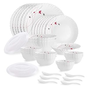 Cello Opalware Dazzle Series Lush Fiesta Dinner Set, 35 Units | Opal Glass Dinner Set For 6 | Light-Weight, Daily Use Crockery Set For Dining | White Plate And Multipurpose Bowl Set