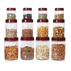 Milton Hexa Airtight Containers For Kitchen Storage, Food Grade Plastic, Stackable And Transparent Organizer Jars, Set Of 12 (4 X 270Ml, 4 X 665Ml, 4 X 1.24L) For Tea, Coffee, Sugar, Dry Fruits