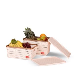 Nayasa Gloria 2 Pcs Set Basket | Rectangular Shape | Medium 1 + Big 1 | Plastic Basket With Lid | Multipurpose Basket With Lid | Organizer Basket With Lid | Peach