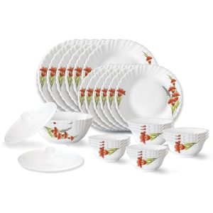 Larah By Borosil Red Iris Fluted Series Opalware Dinner Set | 28 Pieces For Family Of 6 | Microwave & Dishwasher Safe | Bone-Ash Free | Crockery Set For Dining & Gifting | Plates & Bowls | White