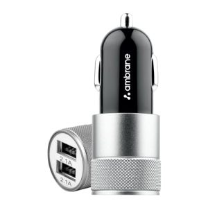 Ambrane 12W Fast Car Charger, Dual Usb Output, Multi-Layer Protection, Fast Charging, Compatible With All Cars, Without Cable For All Mobiles & Other Usb Enabled Devices (Acc74, Black & Silver)